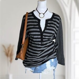 Relativity Striped V-Neck Henley 3/4 Sleeve Pima Cotton Top Size XL